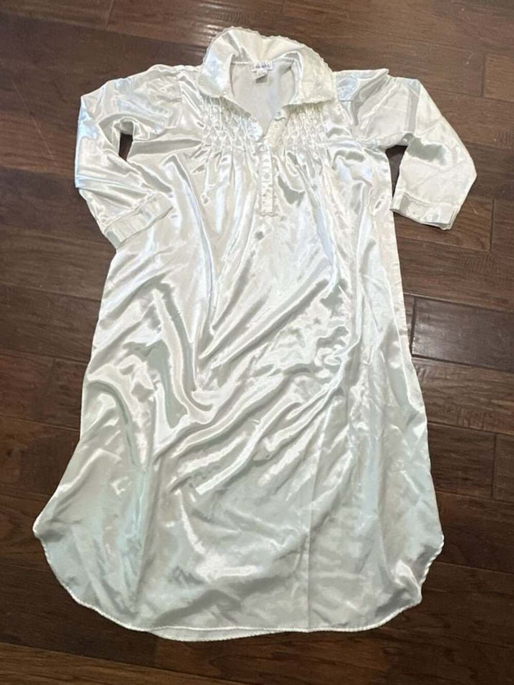 Fundamentals Vintage Nightgown Size M White Satin Smocked Long Sleeve